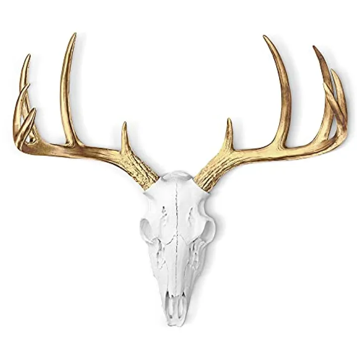 WALL CHARMERS Mini White + Gold Antler Faux Deer Skull - 16" Faux Taxidermy Animal Head Wall Decor - Handmade Farmhouse Decor