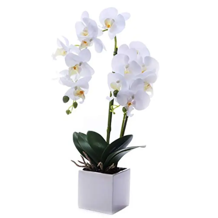 GXLMII Orchids Artificial Fake Flowers with Vase for Table Centerpieces, Fake Orchids in Pots Orquideas Real Touch Flowers Large Vivid Faux Phalaenopsis White Orchid Plant Indoor Room Decoration