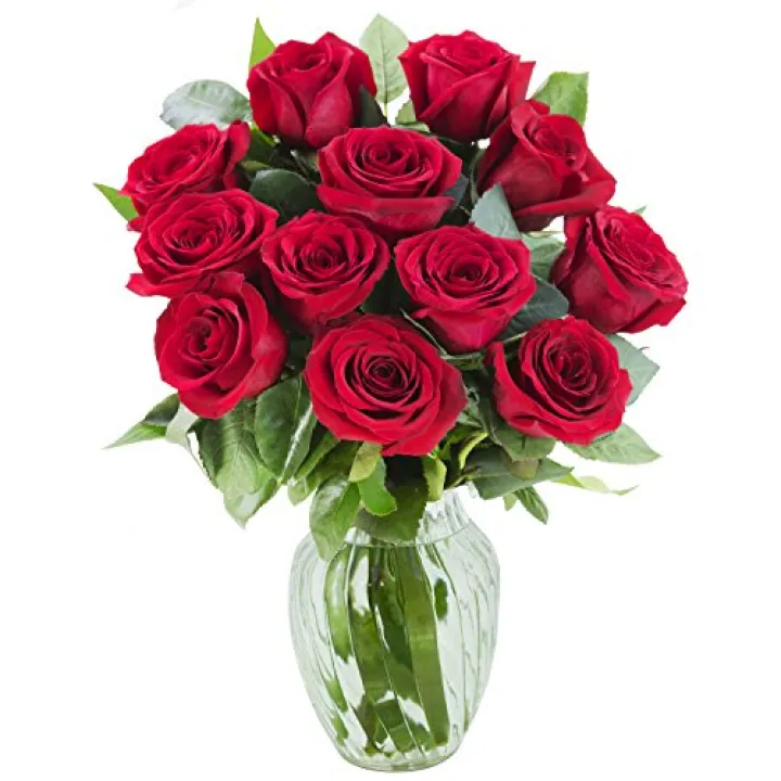 KaBloom - The Romantic Classic Bouquet of 12 Fresh Red Roses (Farm-Fresh, Long-Stem) with Vase - Fresh Flowers for Birthday, Valentine's & Mother's Day