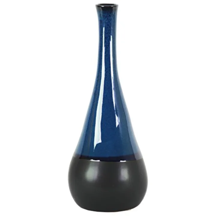 Ceramic Decorative Blue vase, Decor Center Piece for homeRound Small Mouth, Long Neck and Black Banded Rim Bottom Design for Living Room, Table, Office décor: 5.25"x5.25"x13.75"H