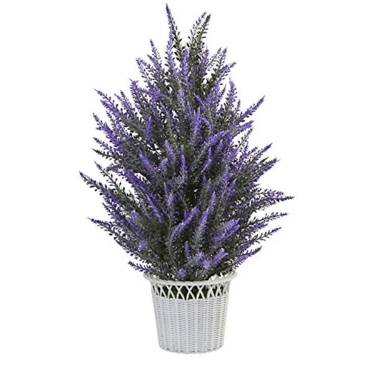 Nearly Natural Lavender in White Wicker Planter Artificial Plant