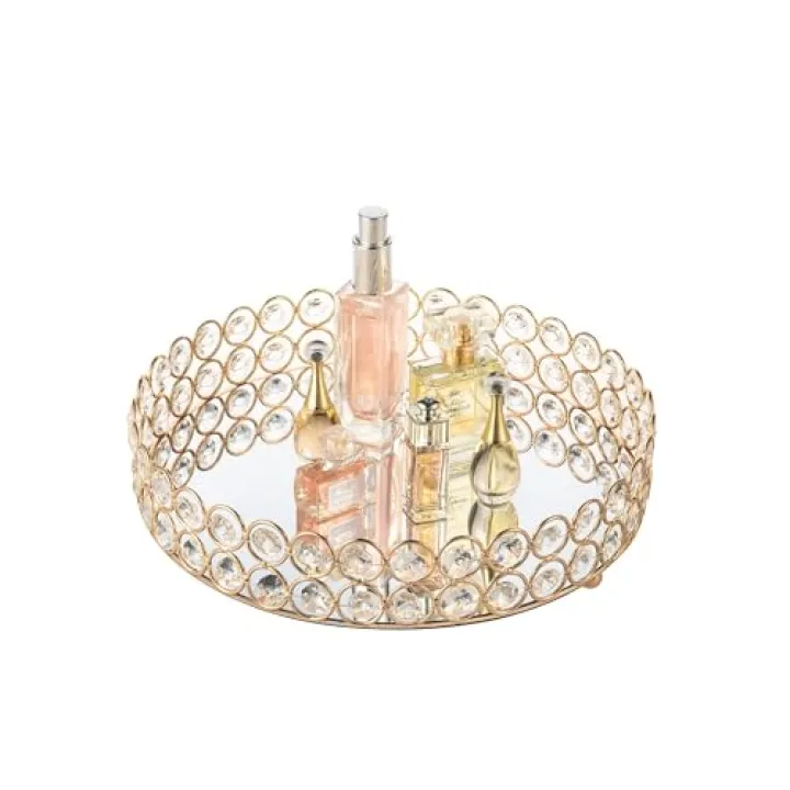 Feyarl Crystal Perfume Tray Makeup Cosmetic Vanity Organizer Jewelry Trinket Display Storage Mirrored Decorative Tray Skin Care Tray for Dresser Home Deco Birthday Gift(Round 10" inch) (Gold)