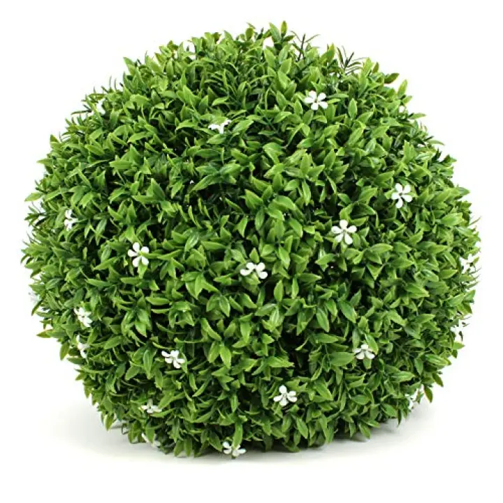 3rd Street Inn Medium White Flower Grass Topiary Ball - Artificial Plant Set - Indoor/Outdoor Wedding Party Decor - Faux Foliage Garden Sphere - Tree and Bush Substitute (11")