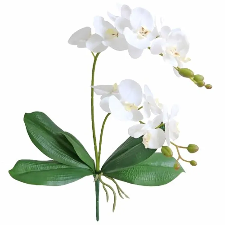 Elyjhyy Artificial Phaleanopsis Flowers Fake Orchids Leaves Branches for Home Bonsai Garden Decoration (White)