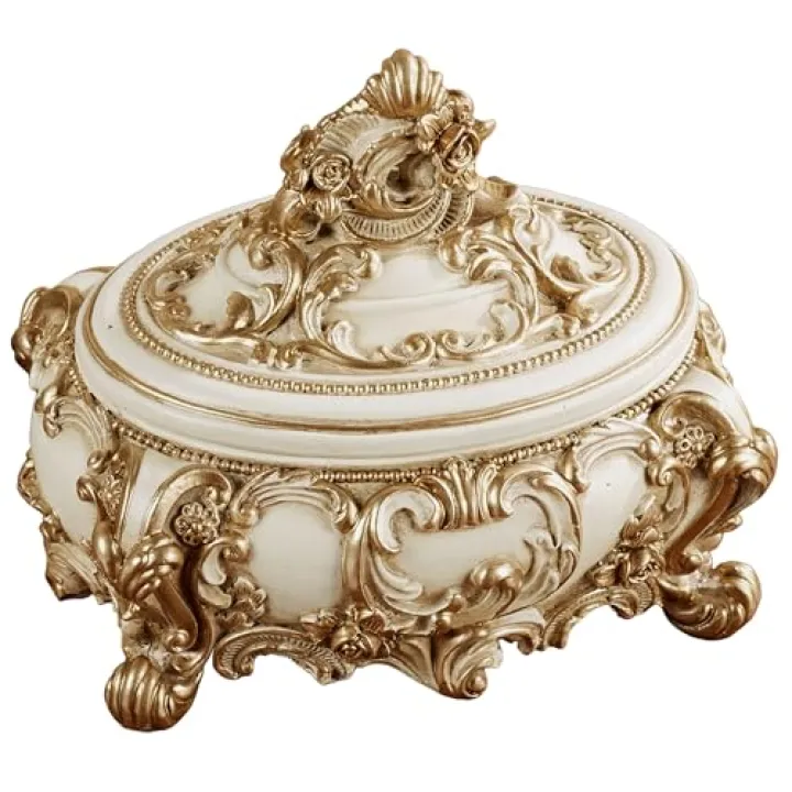 Touch of Class Oliviana Covered Box - Resin - Ivory, Gold - Victorian Style - Acanthus Leaves - Vintage Decor for Jewelry, Trinkets, Keys - Place in Bedroom, Bathroom, Foyer, Entryway