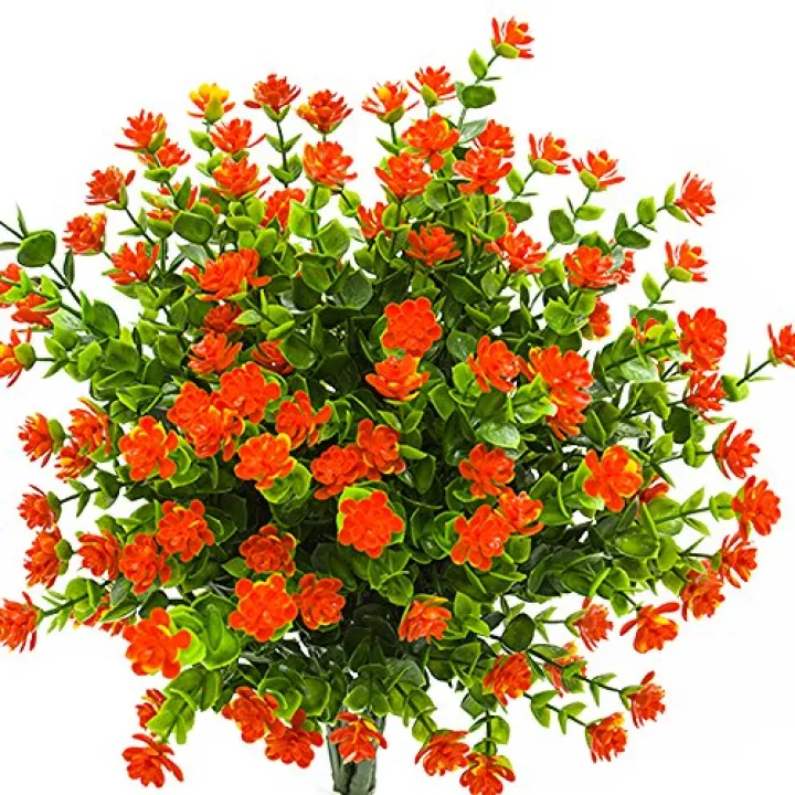 Grunyia Artificial Flowers, Fake Outdoor UV Resistant Plants Faux Plastic Greenery Shrubs Indoor Outside Hanging Planter Home Kitchen Office Wedding, Garden Decor (Orange Red)