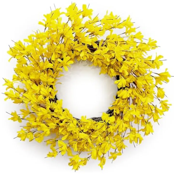 Huashen Spring Wreaths for Front Door, 24 Inch Yellow Forsythia Spring Door Wreath, Farmhouse Spring Door Wreaths on Grapevine for Celebration Wall Window Decoration Hanging