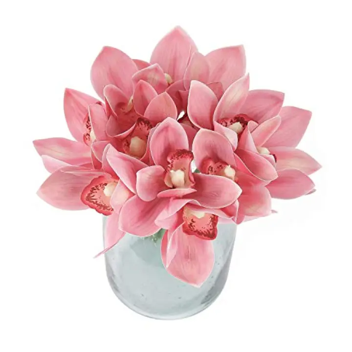 Blooming Paradise 12pcs Real Touch Artificial Fake Plants Silk Cymbidium Orchid Flowers Arrangements Wedding Bouquets Decorations Plastic Floral Table Centerpieces Home Kitchen Garden Party Light Pink