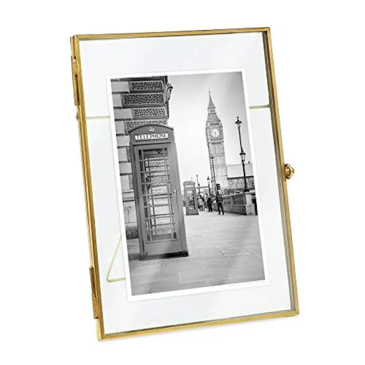 Isaac Jacobs 5x7, Antique Gold, Vintage Style Brass and Glass, Metal, Floating Desk Photo Frame (Vertical), with Locket Bead Clasp Closure for Pictures Art, More (5x7, Antique Gold)