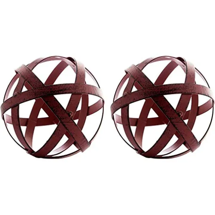 Everydecor Decorative Sphere Set of 2 - Distressed Red Metal Bands Sculpture - Modern Home Decor Accents - Tabletop Decorations for Living Room, Kitchen, Bedroom - Centerpiece for Side Coffee Tables