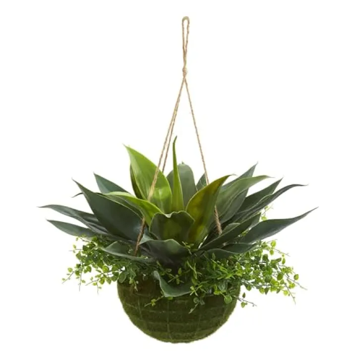 Nearly Natural Agave and Maiden Hair Artificial Plant in Hanging Basket (Indoor/Outdoor)