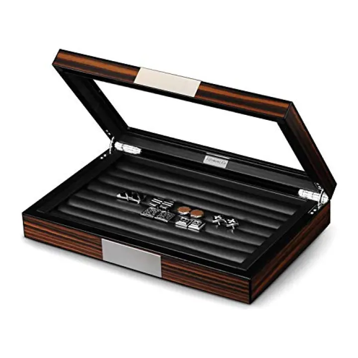 Lifomenz Co Wood Cufflink Box with Glass Window Cufflink Display Case Ring Organizer and Cufflink Box for men Hold 36-46 Pairs