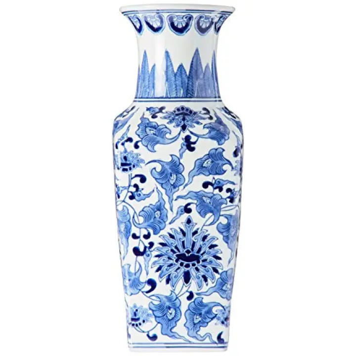 K&K Interiors Porcelain Blue and White Chinoiserie Square Vase, - 15299A