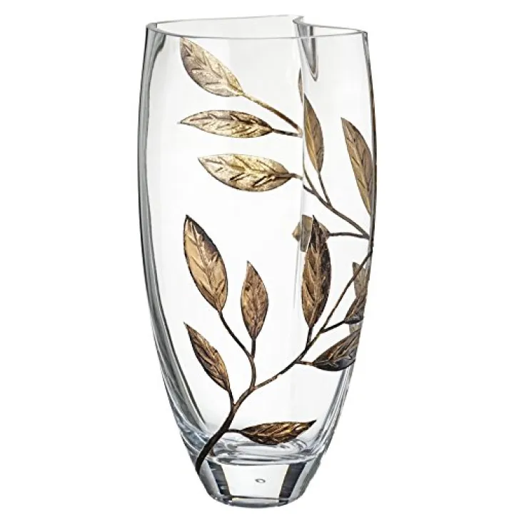 Anna's Exclusive Decor Hand Blown Glass Vase - Decorated with Sandblasted and Painted Golden Leaves - in a Golden Gift Box - Clear Unique Shape Vase - 11.4 inch (29 cm) (Gold)