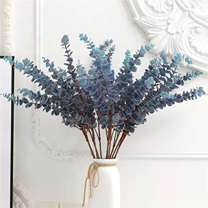 FuleHouzz 3 Pcs Soft Touch Artificial Eucalyptus Leaves Spray 31.5" Fake Silver Dollar Greenery Stems for Home Wedding Floral Arrangement, Blue