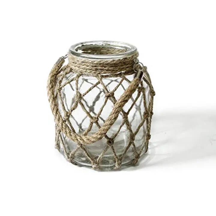 Funsoba Rustic Hanging Mason Nautical Jar Creative Rope Net Dry Flower Glass Vase with Handle 6.5 Inch