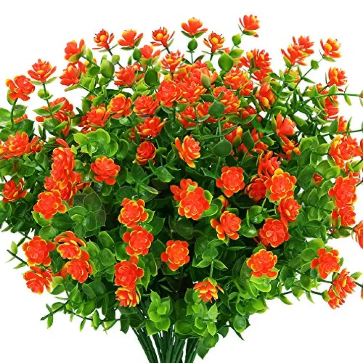 KLEMOO Artificial Flowers Fake Outdoor UV Resistant Boxwood Plants Shrubs, Faux Plastic Greenery for Indoor Outside Hanging Planter Home Office Wedding Farmhouse Decor (Orange Red)