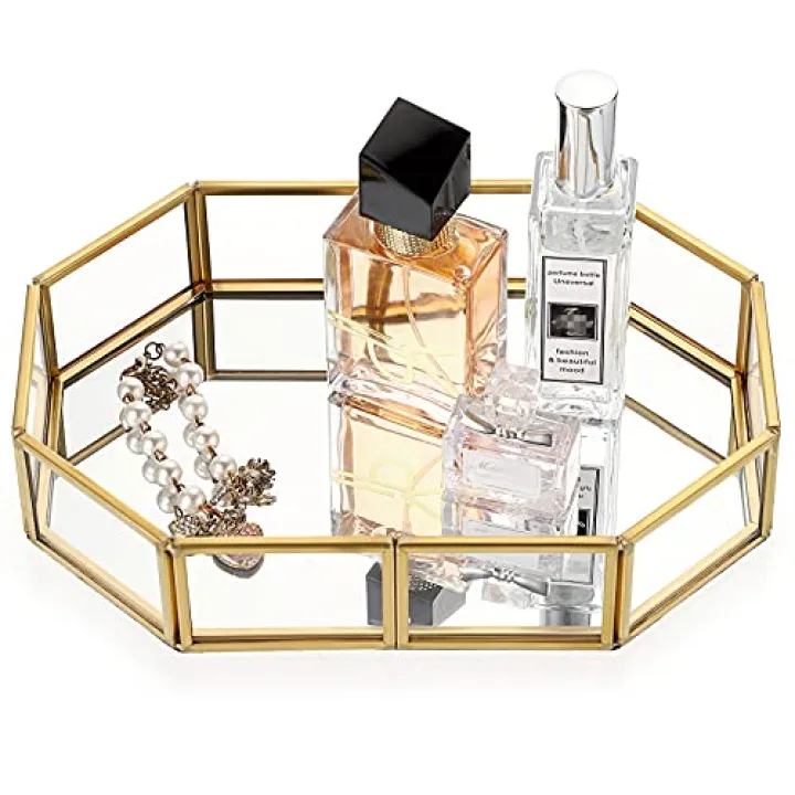Hipiwe Mirror Glass Vanity Tray - Gold Ornate Makeup Tray Vintage Octagonal Perfume Tray Dresser Trays Jewelry Trinket Organizer for Bathroom Storage Trays for Home Decor