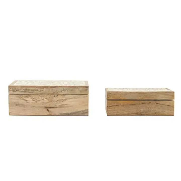 Handcarved & Whitewashed Mango Wood Boxes (Set of 2 Sizes)
