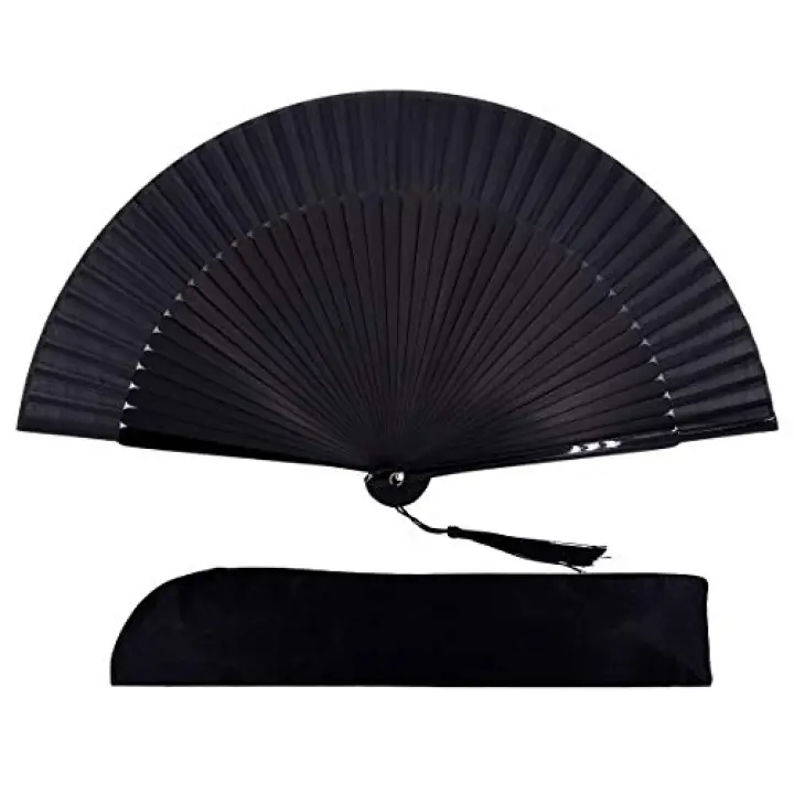 Amajiji 8.27"(21cm) Hand Held Bamboo Silk Folding Fan Hand Fan,Chinese/Japanese Charming Elegant Vintage Retro Style,Women Ladys Girls Best Gifts (Black)