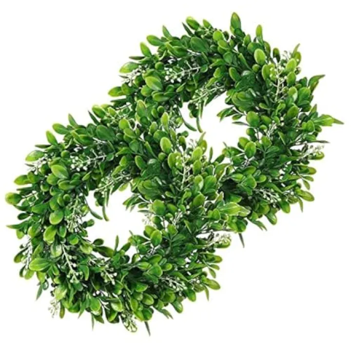 LSKYTOP 2 Pcs Boxwood Wreath with Artificial Wreath Green Leaves Door Wall Window Decoration,11Inch/PC