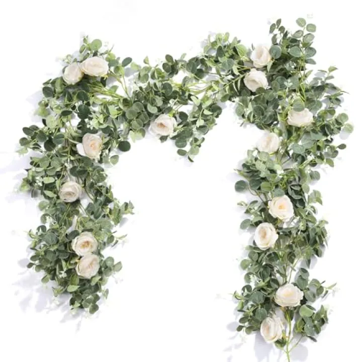 Der Rose 2Pcs 13FT Artificial Eucalyptus Flower Garland with Fake Rose Flower Vine Seeded Eucalyptus Leaves Greenery Garland for Wedding Table Runner Backdrop Party Centerpiece Decor (White)