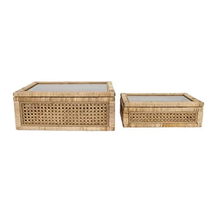 Creative Co-Op Modern Decorative Rectangle Woven Rattan and Wood Display Boxes with Glass Top, Set of 2 Sizes, Natural Finish
