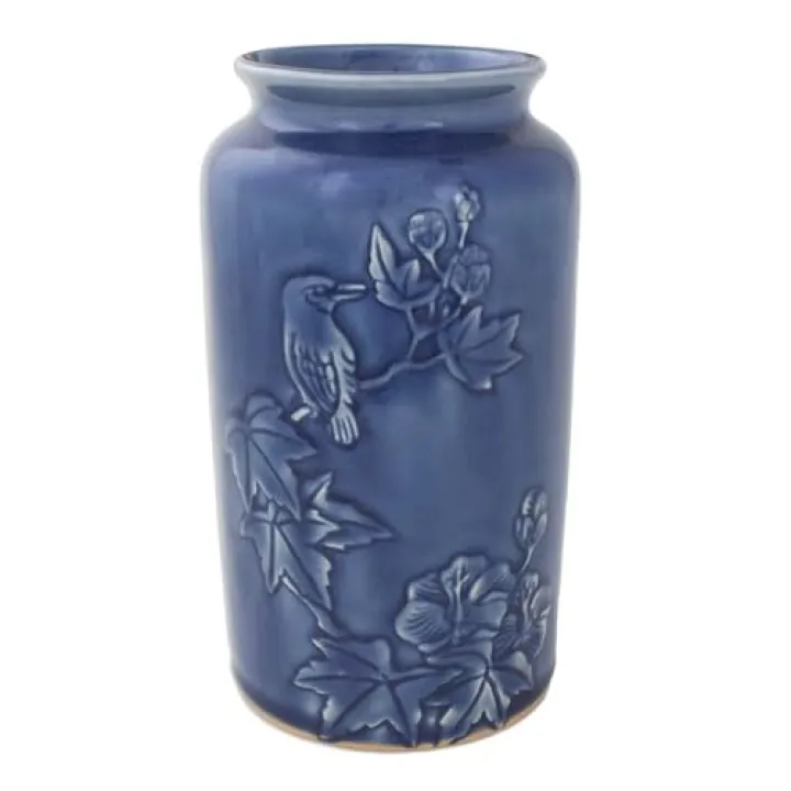 NOVICA Artisan Handcrafted Ceramic Vase Thai Artisan Blue with Bird Motif Thailand Vases Riverside Nature [] ' Peaceful in Blue'