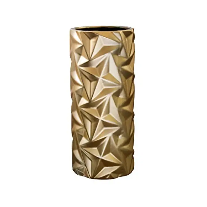 Royal Imports Flower Glass Ceramic Vase Decorative Centerpiece for Home or Wedding, Geometric Cylinder Shape, 4.75"x10.75", Gold