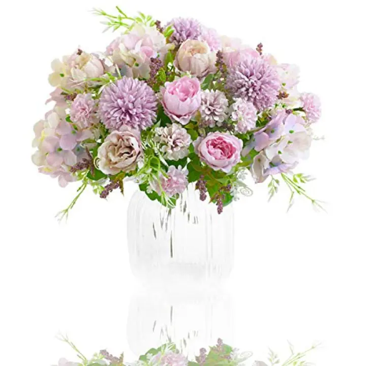 Artificial Flowers,Fake Peony Silk Hydrangea Bouquet Decor Plastic Carnations Daisy Realistic Flower Arrangements Wedding Decoration Table Centerpieces,for Home Office Party Decor 2 Pcs(Light purple)