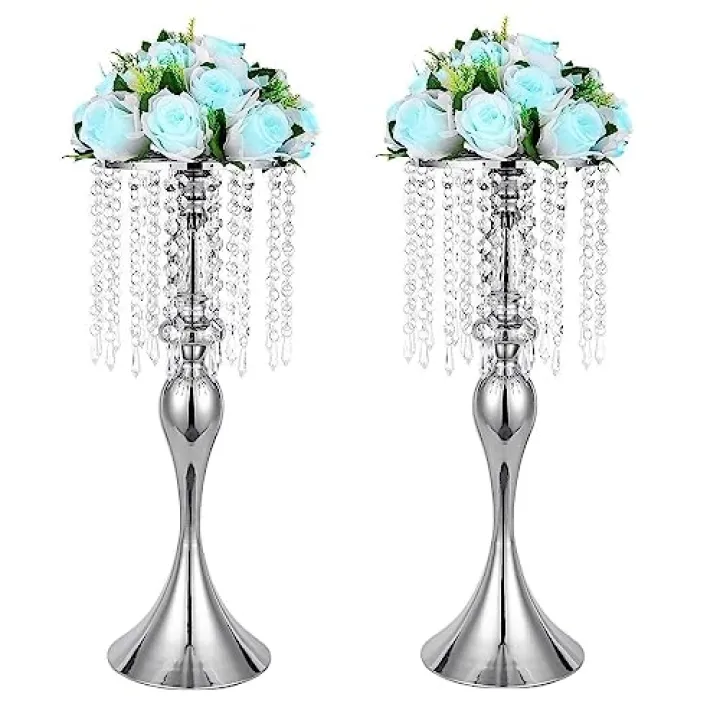 Metal Wedding Centerpieces for Table, Crystal Flower Stands, Wedding Road Lead Flower Holders, Crystal Mermaid Chandelier Flower Vases for Birthday Party Event Wedding Home Decor (Silver, 21.3"-2pcs)