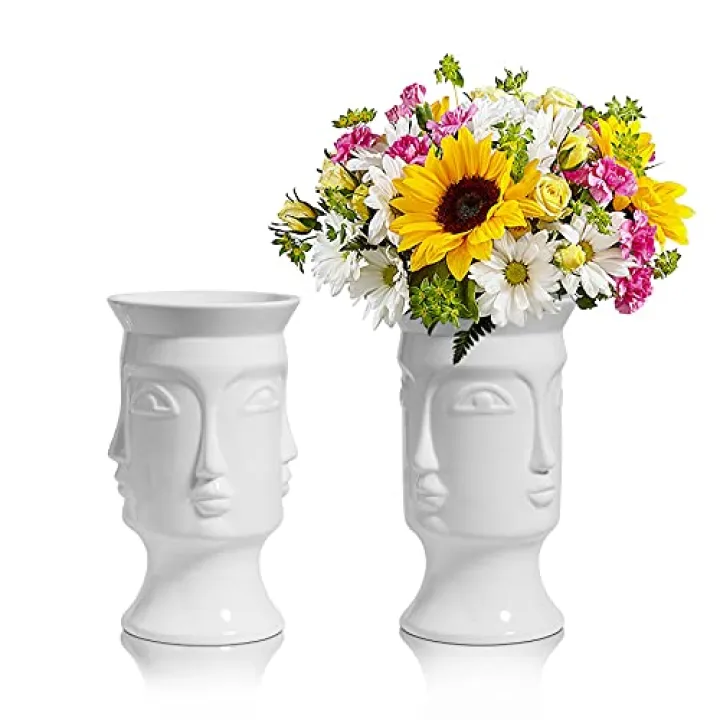 ComSaf Ceramic Flower Vase White Set of 2, Modern Face Flower Vase Tall Posy Bouquet Centerpiece for Home, Wedding, Christmas Decoration Gift(7 Inch Height)