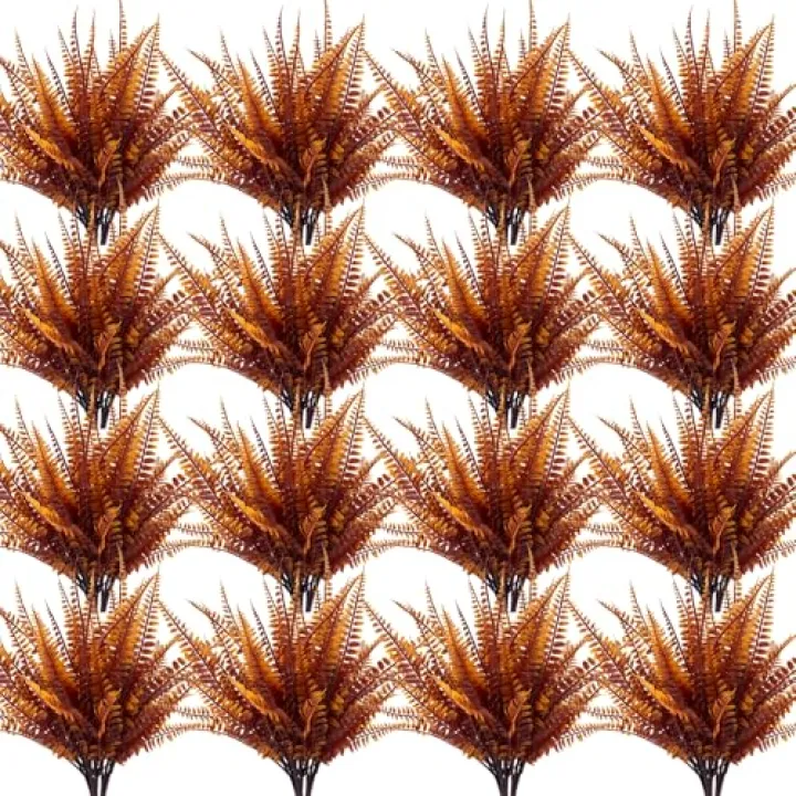 TURNMEON 20 Bundles Artificial Fall Flowers for Outdoors Fall Thanksgiving Decorations, UV Resistant Fall Plants Faux Boston Fern Fake Mums Plastic Greenery Shrubs for Home Porch Gardens Autumn Decor