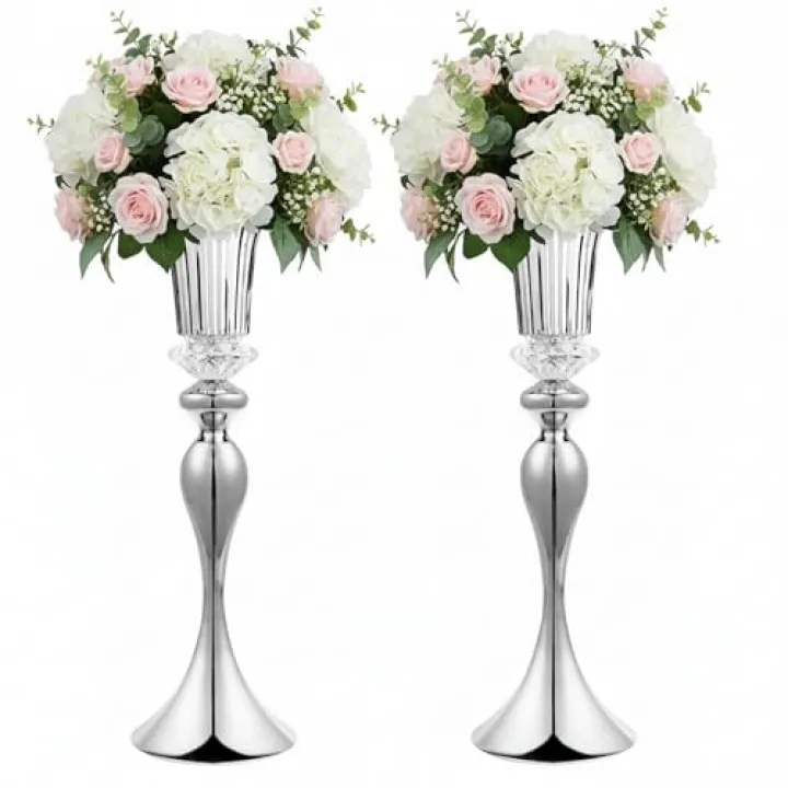 Metal Trumpet Wedding Flower Vases, 22" Tall Elegant Table Centerpiece Vases, Gold Flower Arrangement Stands for Anniversary Ceremony Birthday Party Event Wedding Home Decoration (Silver, 22"-2pcs)