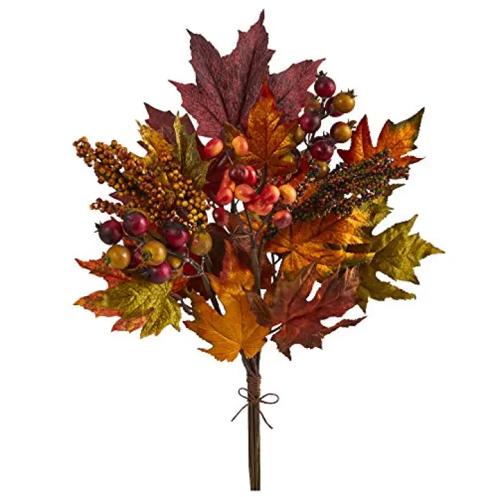 Nearly Natural 20in. Maple Leaf and Berries Artificial Flower Bouquet (Set of 3)