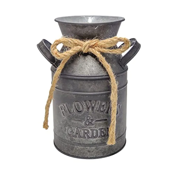 PHILPETY Shabby Chic Classy Designed Milk Can Galvanized Finish Metal Vase Country Rustic Primitive Decorative Flower Holder, 7.5" H