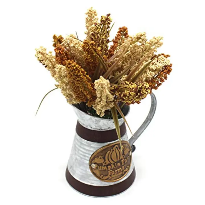 CVHOMEDECO. Primitives Rustic Artificial Millet Ears in Galvanized Metal Milk Pitcher, Farmhouse Millet Stock in Watering Can Jug Vase for Halloween Harvest Thanksgiving Christmas Decor.