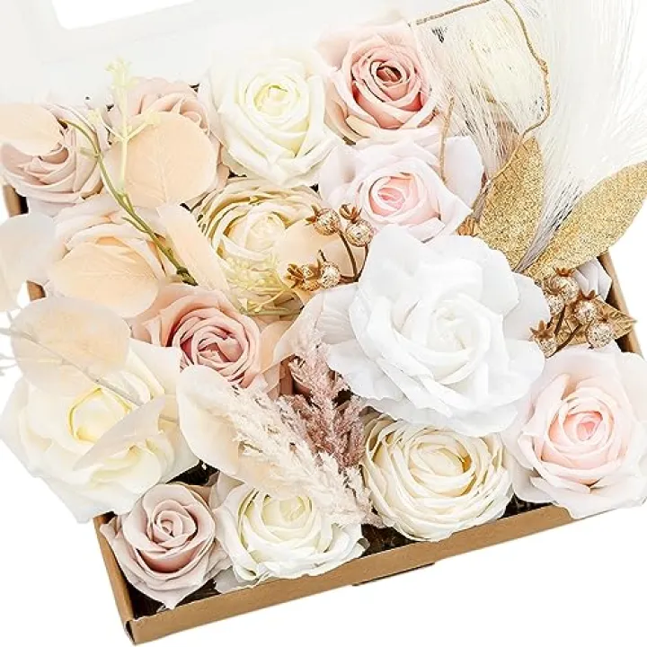 Ling's moment Fake Flowers Box, Faux Artificial Greenery Stems Foam Roses Berry Silk Eucalyptus Fabic Flower for Centerpieces Bouquet Wedding Vase Floral Decorations, White & Beige, Grand Combo