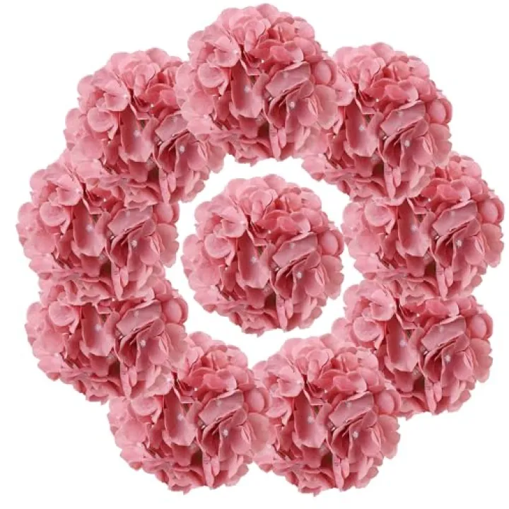 AVIVIHO Dusty Rose Hydrangea Silk Flowers Heads Pack of 10 Dusty Rose Fullness Hydrangea Flowers Artificial with Stems for Wedding Home Party Shop Baby Shower Decoration