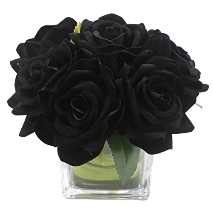 Fule Artificial Velvet Rose Flower Centerpiece Arrangement in vase for Home Wedding Decoration (Black)