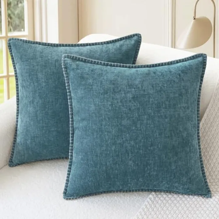 CaliTime Throw Pillow Covers Decorative 18 X 18 Inches Pack of 2 Cotton Thread Stitching Edges Solid Dyed Soft Chenille Cushion Cases for Couch Sofa Bed Living Room Farmhouse Smoke Blue