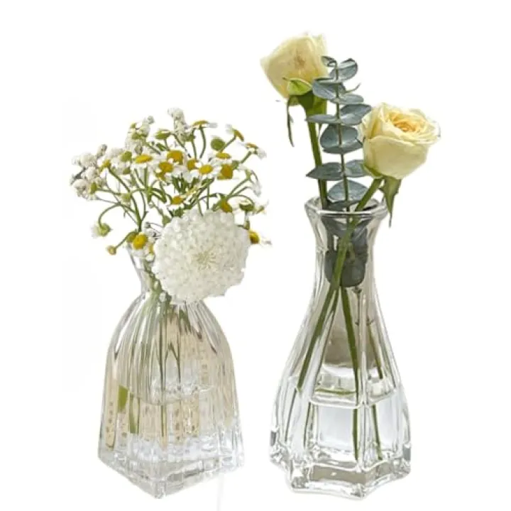 Set of 2 Small Glass Bud Hydroponic Vase,Mini Clear Glass Vase Decorative for Wedding Farmhouse Party Home Centerpieces Decor