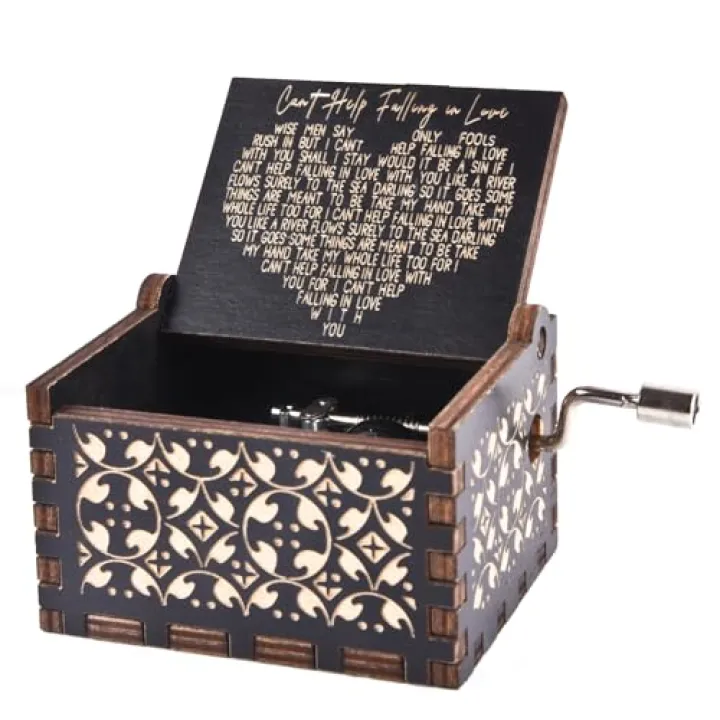 byykit Can't Help Falling in Love Wood Music Box, Antique Engraved Musical Boxes Case for Love One Wooden Music Box - Gifts for Lover, Boyfriend, Girlfriend, Husband, Wife (Black)