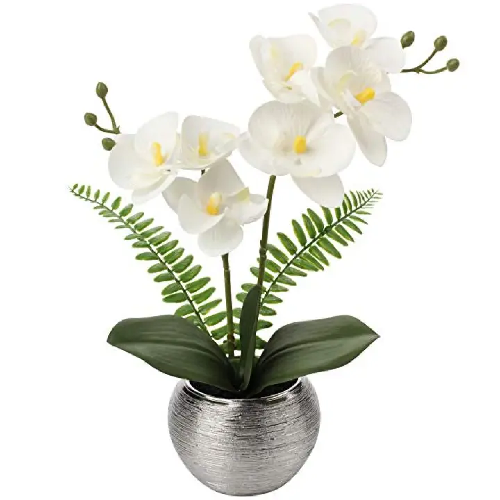 Briful Fake Orchid Flowers 13'' White Orchids Artificial Flowers with Silver Ceramic Vase Faux Orchid for Home Office Decor Indoor