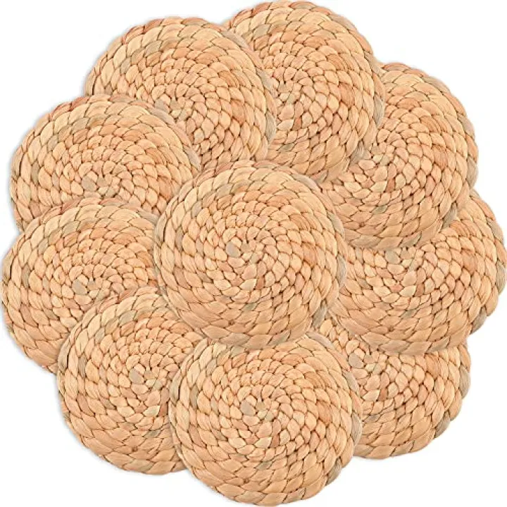 10pcs Drink Coasters for Tables, Drink Coasters for Office Desk, Wicker Drinking Coaster Set for Protecting Table, Housewarming Gifts Boho Fall Home Decor Accents Made by 100% Natural Water Hyacinth