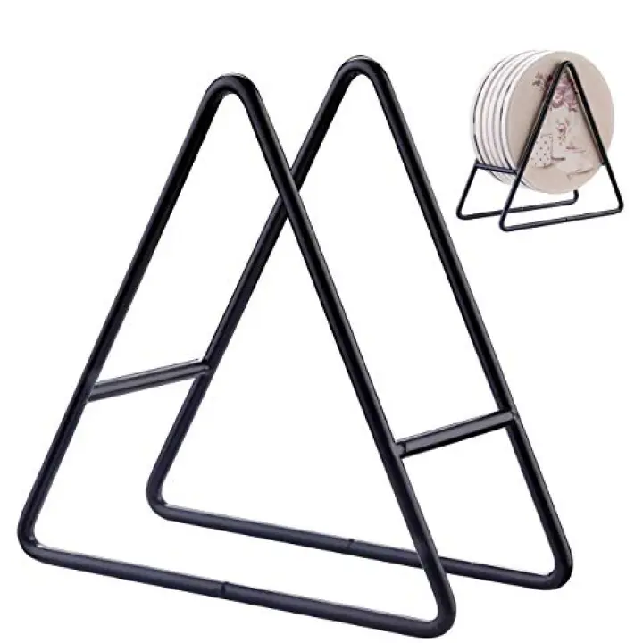 ROJOSER 2PC Triangle Coaster Holder Black Iron Metal Holder Storage Caddy for Both Round and Square Coasters Fit 4 to 9 Pieces Coasters,4.3 Inch