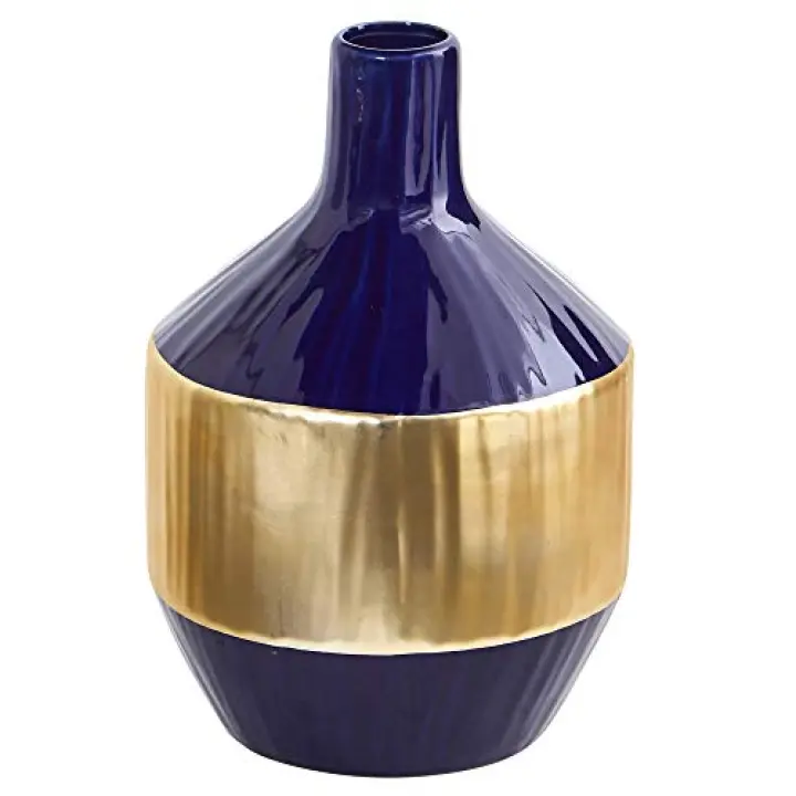 Nearly Natural 9in. Lux Blue Ceramic Vase with Gold Band