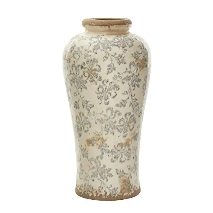 16in. Tuscan Ceramic Floral Scroll Urn Vase