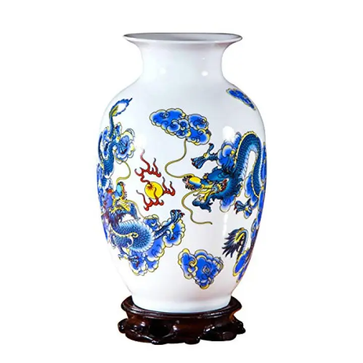 LKXHarleya Antique Chinese Ceramic Vases with Wooden Base, Ancient Palace Furnishing Vase Ornaments Art Crafts Home Decor,03