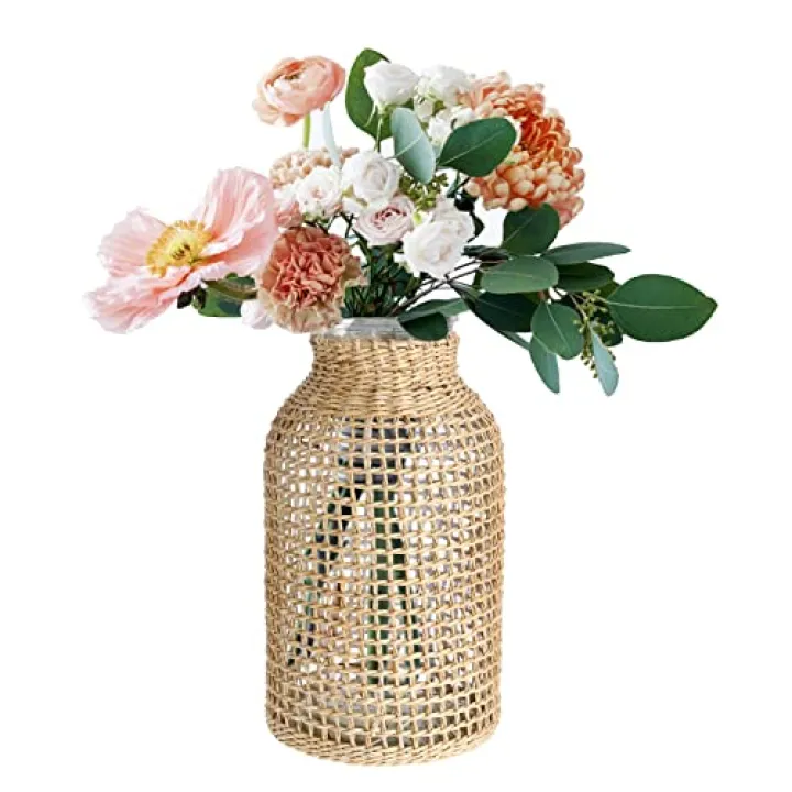 Cabilock Rattan Covered Glass Vase for Dried Flowers 6.7 Inch Straw Woven Decorative Flower Pitcher Vase for Home and Table Centerpiece